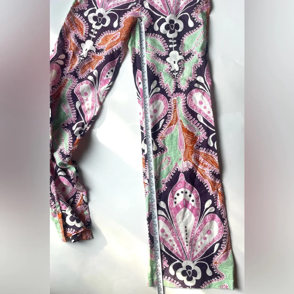 Zara Floral Print Linen Cotton Flare High Waist Trouser pants long tall